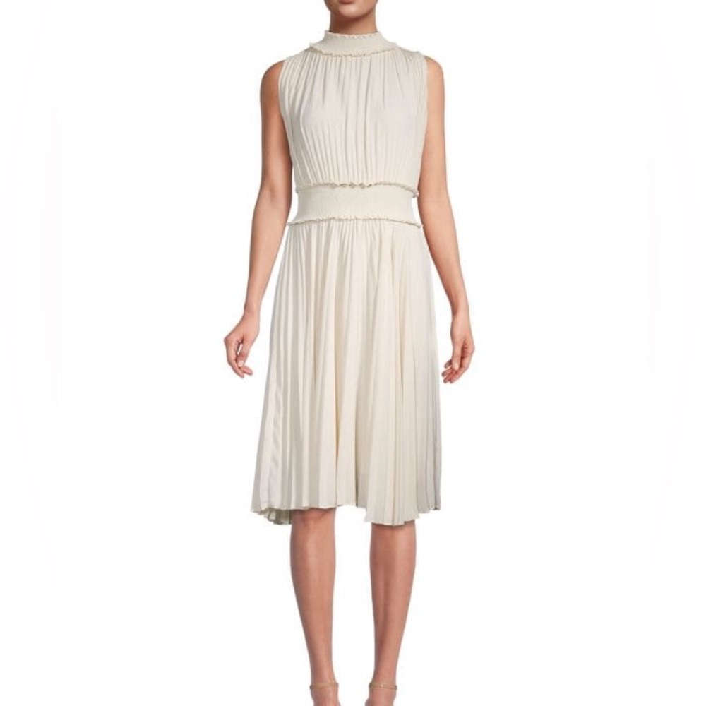 Nanette Lepore Mock Neck Sleeveless Pleated Midi Dress Champagne